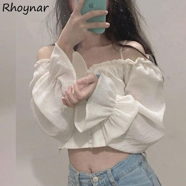 

women's blouses & shirts women streetwear puff sleeve simple summer all-match leisure trendy elegant students solid folds korean style, White
