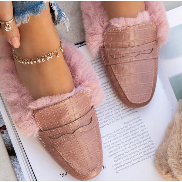 

slippers women faux fur outside ladies mules autumn winter warm plush female flats shoes furry slides 2021 genuine leather, Black