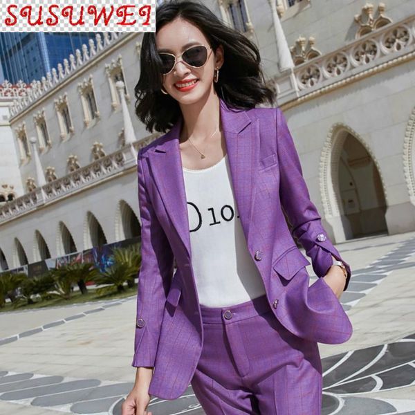 

women's plus size autumn and winter female pants suit two-piece ladies office plaid jacket casual trousers two piece, White