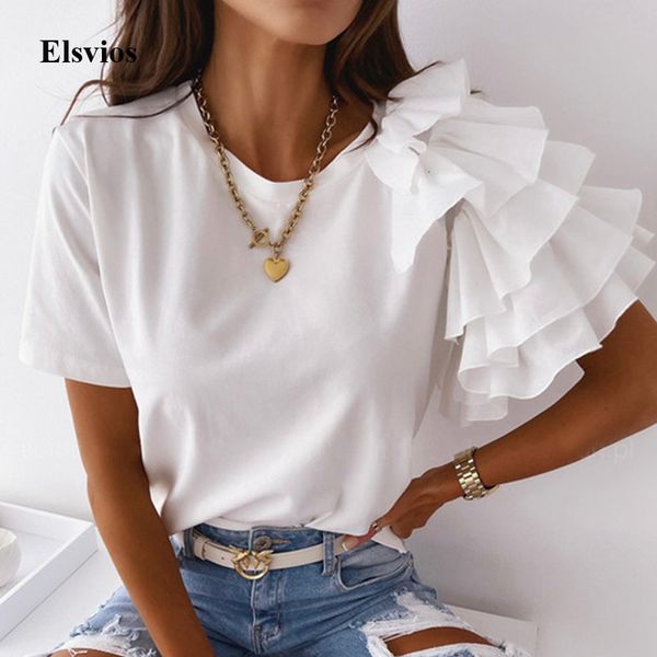 

women's blouses & shirts 2021 casual o neck solid blouse summer short sleeve women blusa lady fashion layered ruffle pullover, White