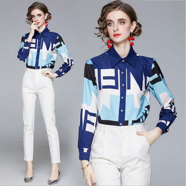 

women's blouses & shirts contrast color blouse women turn down collar chemise femme full long sleeves camisas de mujer blue blusas eleg, White