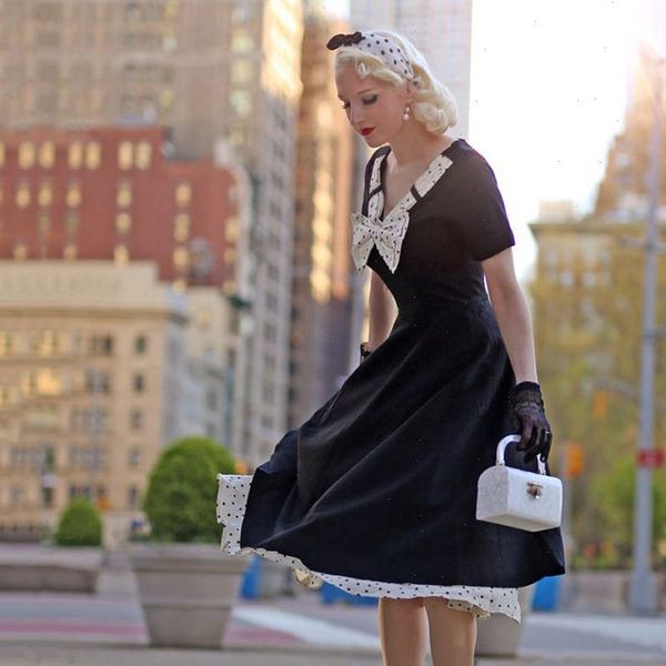 

retro women dress vintage 50s black audrey hepburn elegant v neck bow big swing polka dot patchwork plus size rockabilly, Black;gray