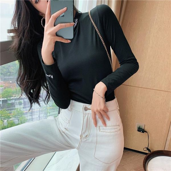 

women's t-shirt v-hanver slim plain t shirt women elastic basic t-shirts female casual long sleeve thin, White