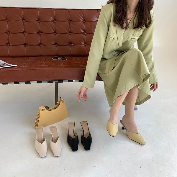 

square toe fashion women sandals slippers slip on shallow beige yellow black casual thin mid heels slides mules pumps