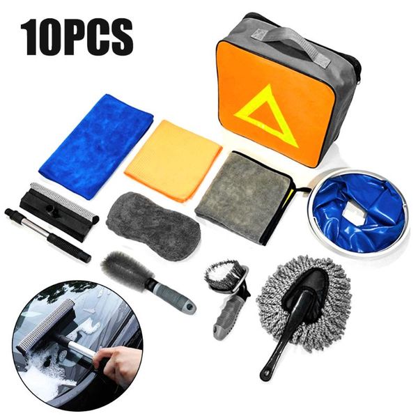 

car sponge 10pcs auto wash tool kit with microfiber cloths duster tire brush window water squeegee foldable bucket