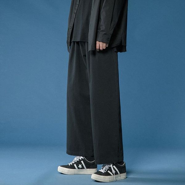 

casual cotton baggy wide leg women pant ankle length elastic waist loose straight trousers, Black