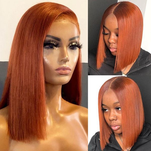 

lace wigs ginger orange front human hair wig straight short bob brazilian remy closure for women t part pre plucked, Black;brown