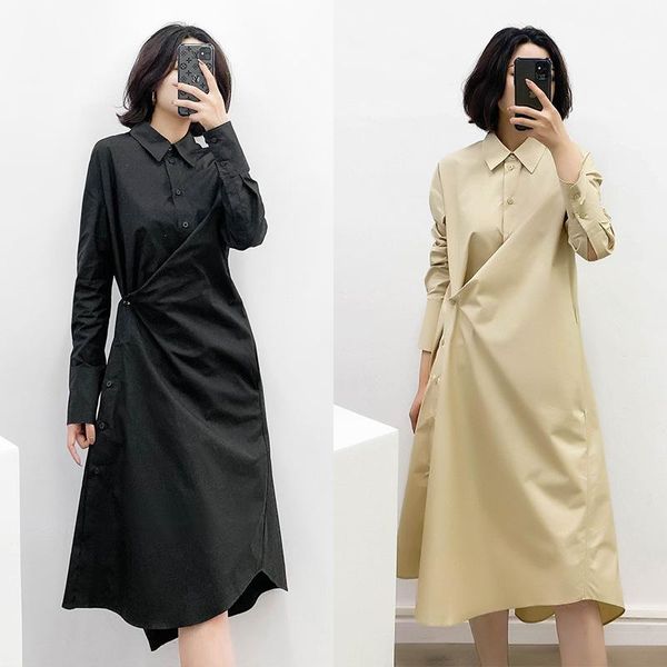 

casual dresses 2021 early autumn women's midi dress turn-down collar oblique button a-line knot long sleeve lady loose shirt robes, Black;gray