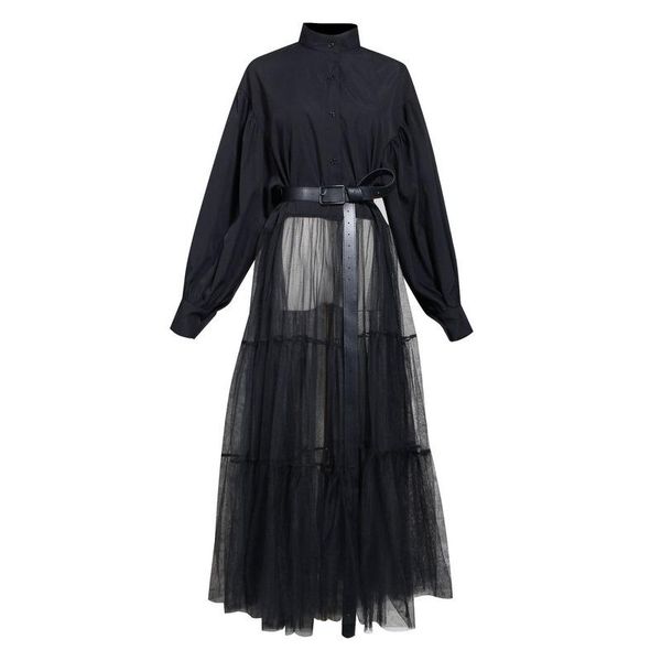 

women black hem mesh split big size blouse dress stand collar long sleeve loose fit shirt fashion spring autumn 2021 casual dresses, Black;gray