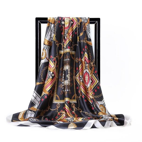 

scarves fashion silk for women print foulard satin square shawls 90*90 bandana large head hijab scarfs ladies, Blue;gray