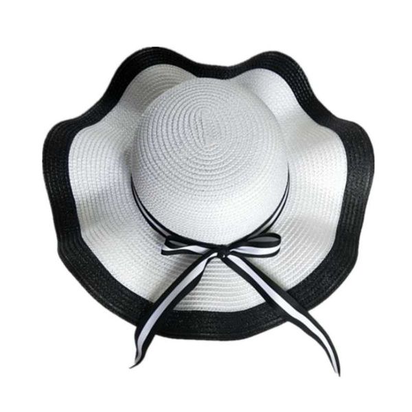 

wide brim hats summer beach straw hat female big eaves sunscreen sun shading travel versatile black and white storm, Blue;gray