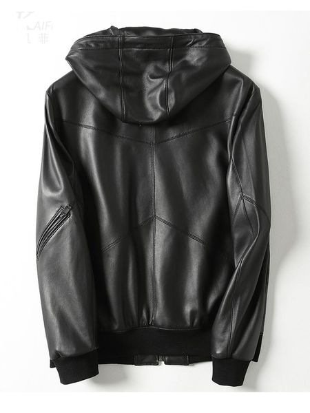 

men's leather & faux sheepskin coat hooded genuine jacket men bomber jackets chaqueta cuero hombre kj2262, Black