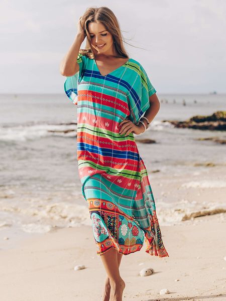 

women's swimwear striped v neck beach cover-up print split maxi women green holiday summer pareos boho outing sale wvkj, White;black