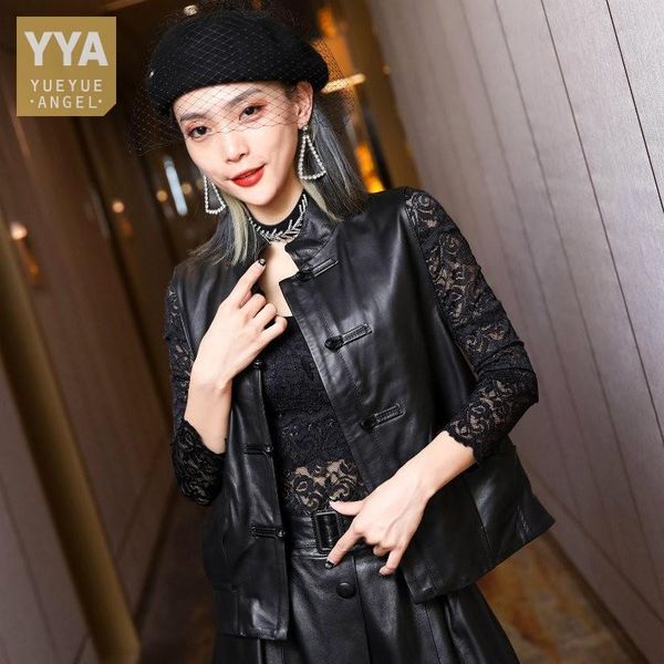 

vintage genuine leather vest women stand collar single breasted sleeveless waistcoat jackets loose fit casual sheepskin vests women's, Black;white