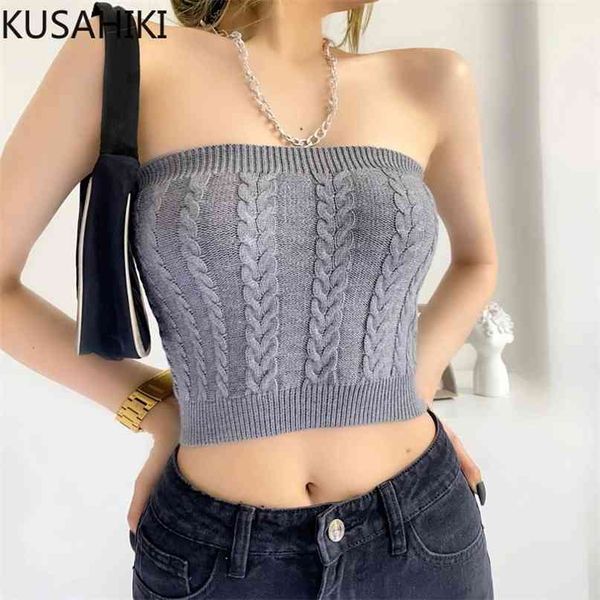 

vintage twisted knitted tanks summer crop korean strapless off shoulder women vest 6j692 210603, White