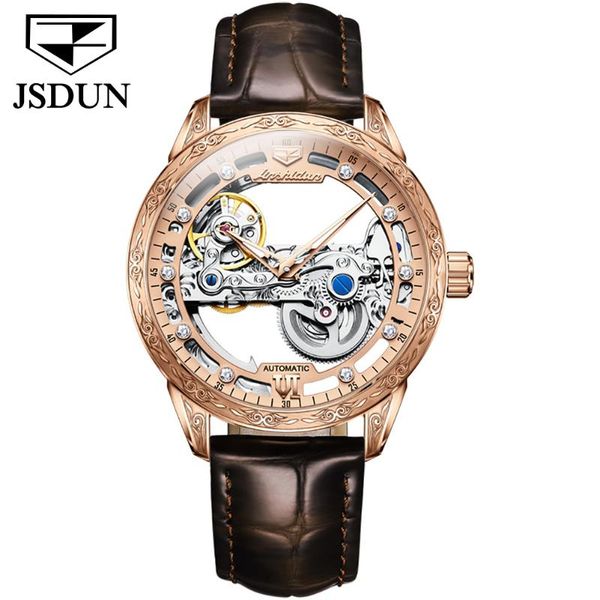 

wristwatches jsdun men mechanical watch automatic movement 50m waterproof leather strap sapphire mirror skeleton design for, Slivery;brown
