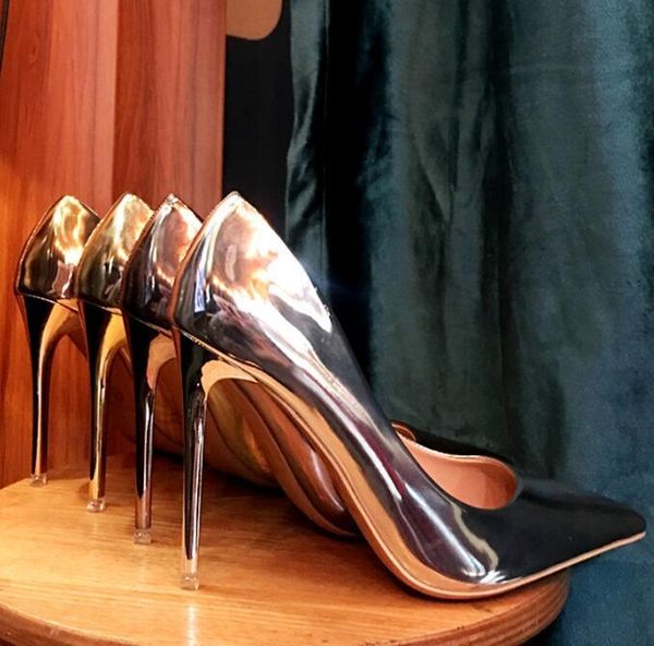 

champagne metallic leather high heel shoes woman pointed toe shallow stiletto pumps super party dress, Black