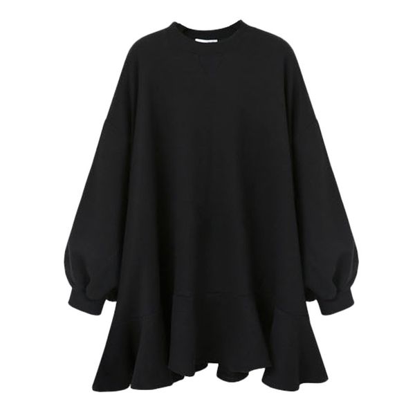 

2021lanmrem 2021 autumn winter new fashion casual women short dress solid color wild loose plus ruffled dress tc109, Black;gray