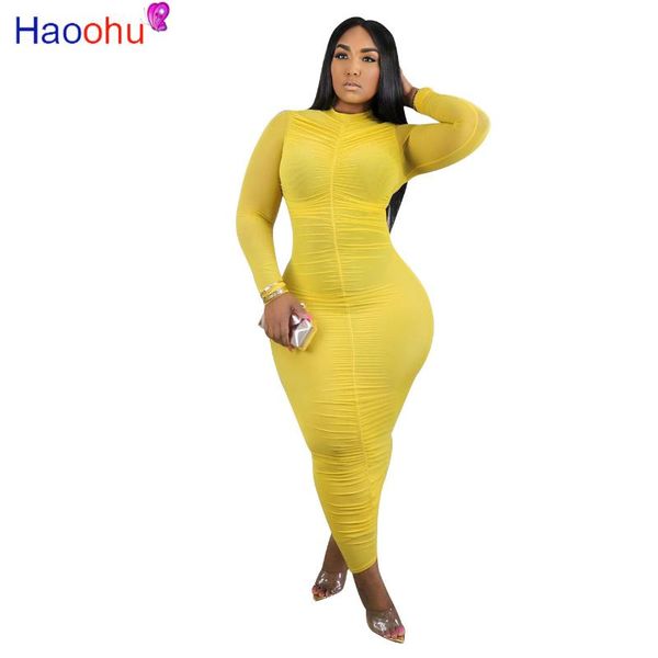 

casual dresses haoohu summer women's mesh pleated dress elegant long sleeve bodycon pencil night club party robe femme, Black;gray