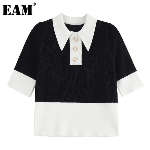 

[eam] women black spliced casual knitting simple t-shirt lapel half sleeve fashion spring autumn 1dd7873 210512, White