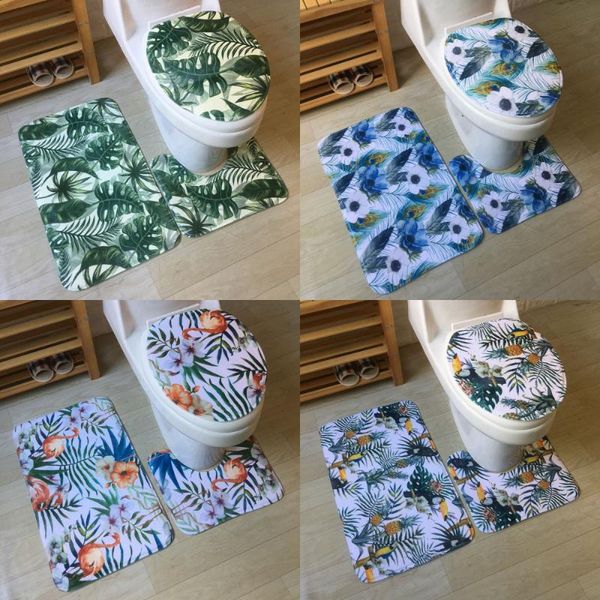 

bath mats flannel polyester printed nordic plant flamingo toilet three-piece floor mat carpet bathroom non-slip foot