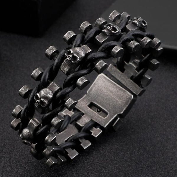 

charm bracelets jewels store punk link chain stainless steel boiled black skeleton leather woven men's bracelet jewelry accessories for, Golden;silver