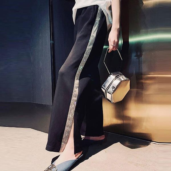 

korean casual wide leg women pants split drill side stripe harajuku trousers for high waist 269, Black;white