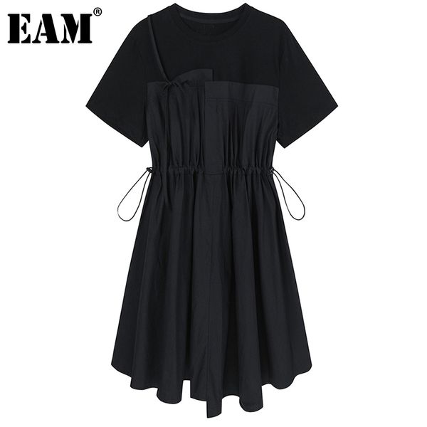 

[eam] women black irregular drawstring big size dress round neck short sleeve loose fit fashion spring summer 1dd8956 21512, Black;gray