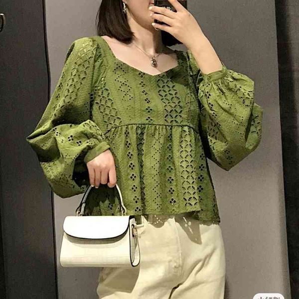 

spring hollow out lace blouses woman shirts temperament square collar womens elegant long sleeve blusa feminina 210514, White