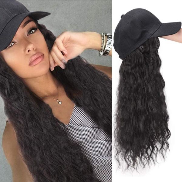 

synthetic wigs shangzi baseball cap wig long kinky curly wavy hat natural black hiar with hair for women