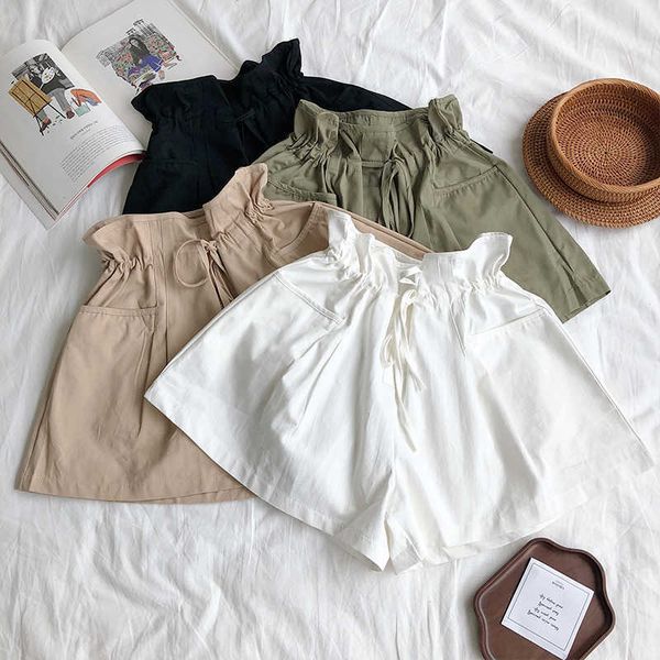 

armygreen elastic high waist shorts summer blue white student pocket gray wide leg trouser female streetwear bo 210601, White;black