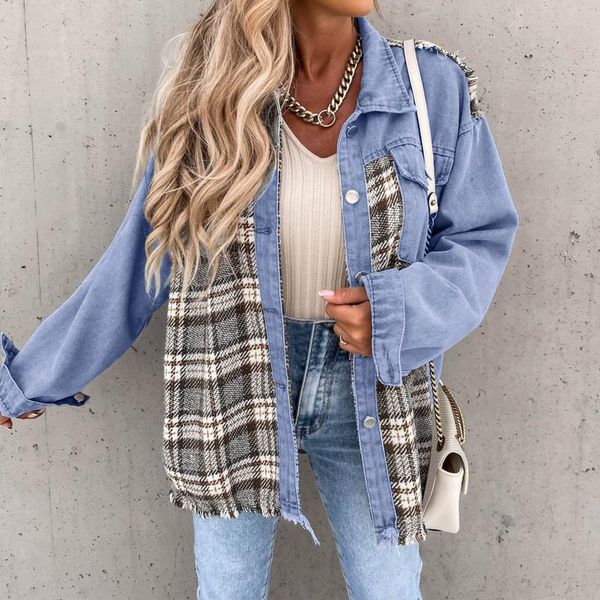 

women's jackets ladies autumn and winter fashion casual loose denim plaid jacket long sleeve outerwear coat, Black;brown
