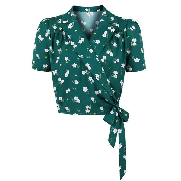 

women's blouses & shirts women 2021 fashion floral print turn down collar chiffon vintage short sleeve bohemian beach female chic, White