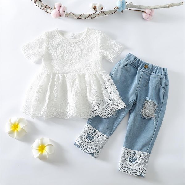 

1 8years toddler baby girls lace 2pcs set floral hollow out short sleeve ripped denim trousers, White