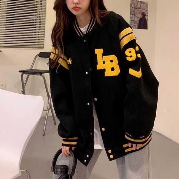 

women's jackets 2021 jacket autumn winter korean style loose large size thick student baseball uniform tide casual coats streetwear, Black;brown