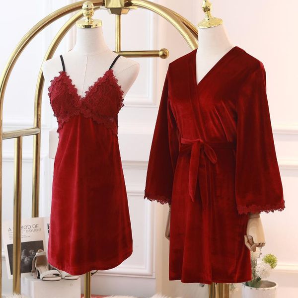 

women's sleepwear velour burgundy wedding robe set female kimono bathrobe gown autumn winter nightgown lace loungewear homedress, Black;red