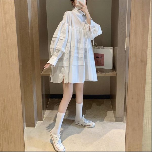 

vintage frilly stand collar womens dresses lantern sleeve babydoll kawaii spring autumn women a line plus size ruffle short white, Black;gray