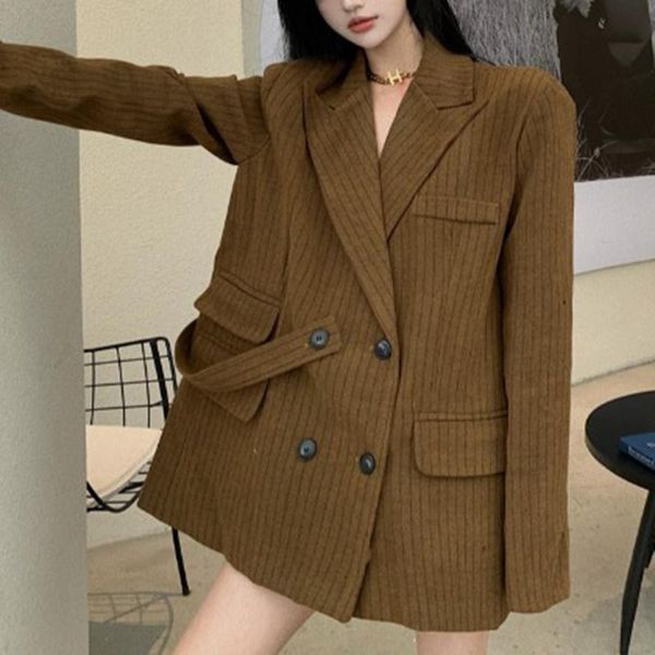 

women's suits & blazers [ewq] korea 2021 autumn suit collar loose double breasted stripe versatile medium long woolen blazer coat fashi, White;black