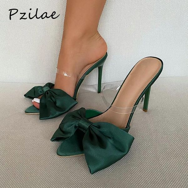 

pzilae women's large bow-knot slippers pointed toe high heel stiletto pumps shoes dress party ladies slides plus size 35-42, Black