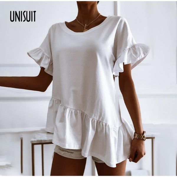 

women's t-shirt women solid white short sleeve loose ruffles summer simple casual o-neck female fashion ladies irregular tshirt xl