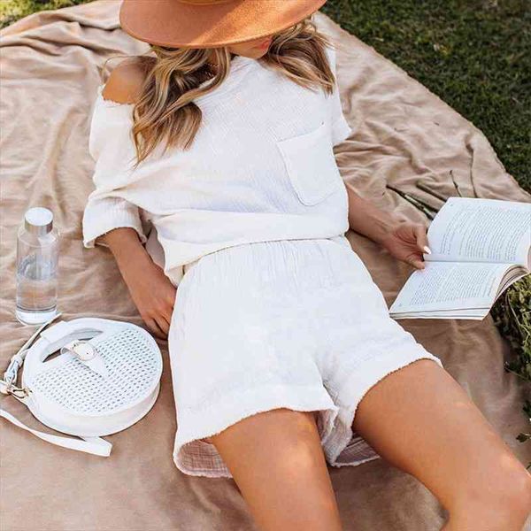 

summer casual cotton linen pocket sets short sleeve t shirt and elastic shorts piece set women beach solid outfits tracksuit, Gray