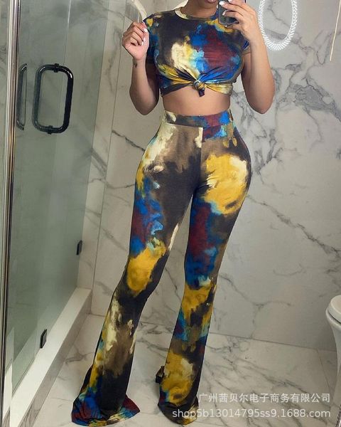 

women's two piece pants 2021 fashion color printed trousers suit, White