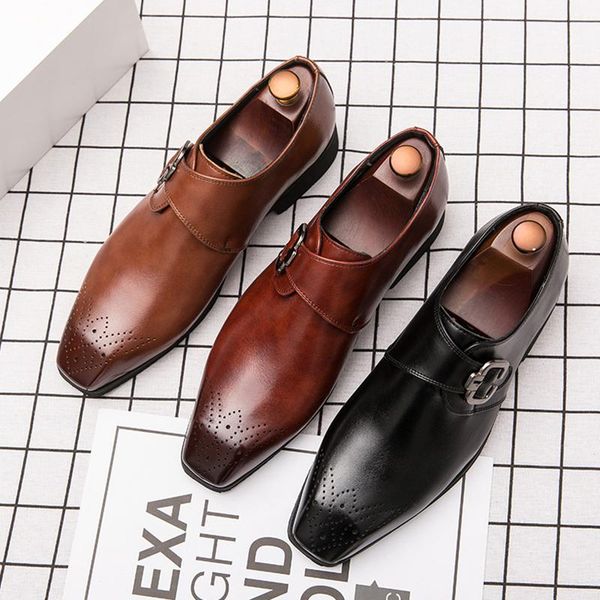

business casual men shoes pu leather dress for formal office flats male party wedding footwear, Black