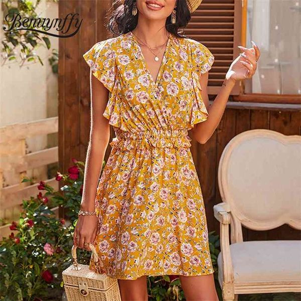 

surplice neck frill trim high waist dresses summer women holiday boho casual ruffle sleeve floral a-line dress 210510, Black;gray