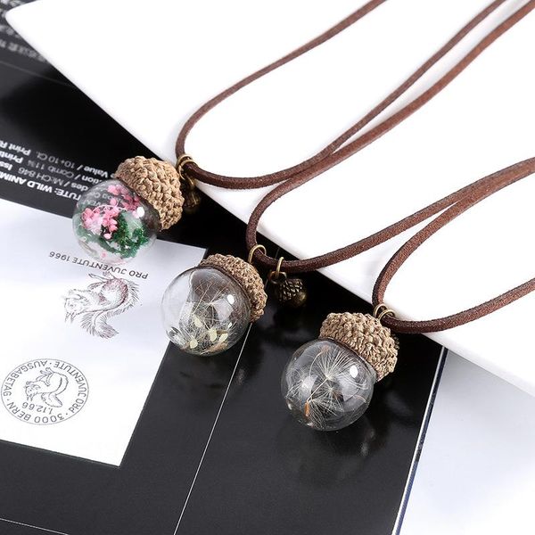 

pendant necklaces handmade dried flower dandelion luminous pine nut glass ball necklace glow plant specimen women men clavicle chain, Silver