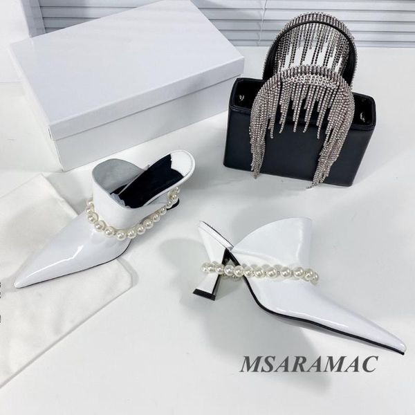 

slippers white pearl chain ruffled high-heeled leather female pointed toe outdoor elegant dress shoes, Black