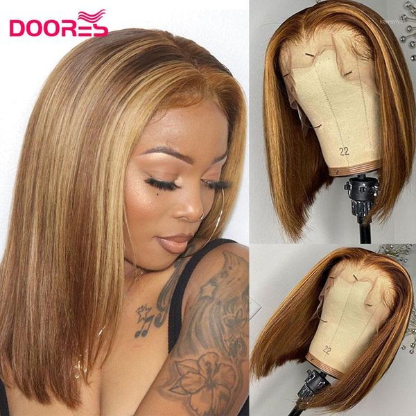 

brown highlight wig 13x4 short bob lace front wigs pre plucked 150% remy straight human hair for black women m1, Black;brown