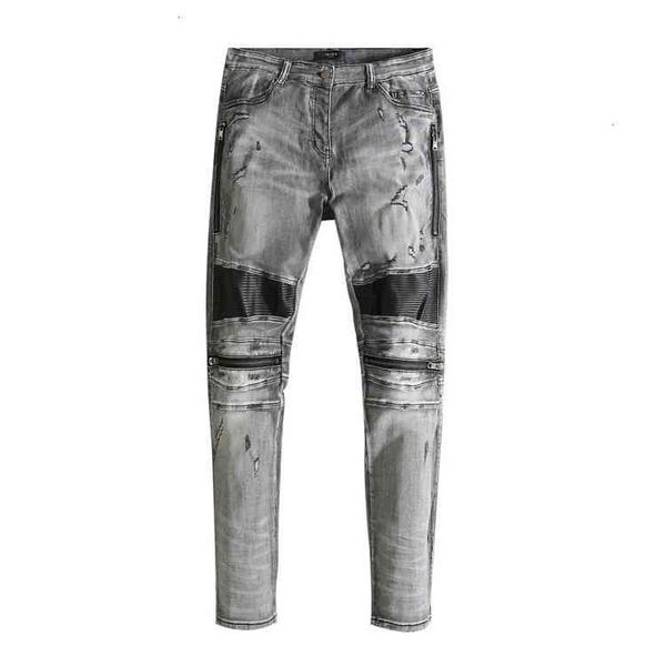 

brand am fashion jeans men's high street light gray knee collage contrast color metal zipper rock hip hop slim fit, Blue