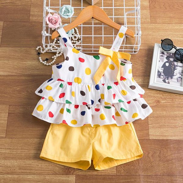 

girls clothes sets summer sweet sleeveless ruffle polka dot bow suspender solid shorts 2pcs suit for children clothing, White
