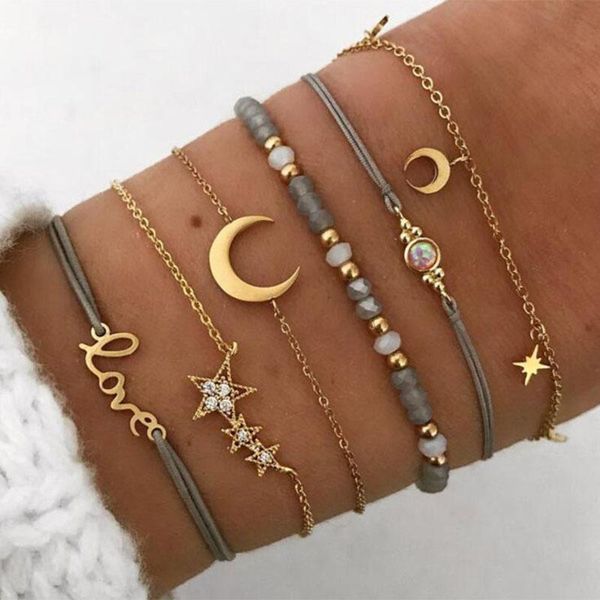 

link, chain 6pcs fashion bohemia crystal star moon gold charm bracelets set for women 2021 vintage chic beaded bracelet anklet jewelry, Black